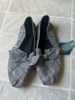 Toms Plaid Knot-Front Flats in Black and Pink Accent